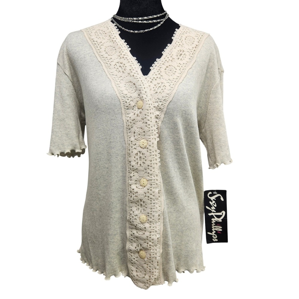 Suzy Phillips Women Short Sleeve Lace Trim Cardigan Top Oatmeal Ribbed 14/16 NEW